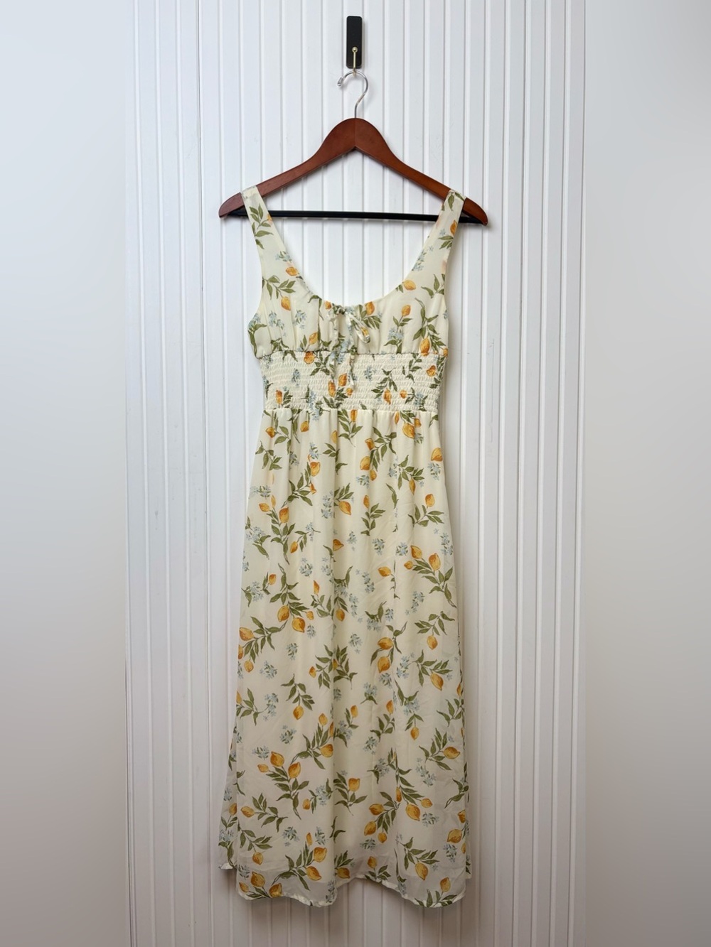 Sincerely Jules Fruit Print Midi Dress S Smocked Milkmaid Tropical Resort Beach
